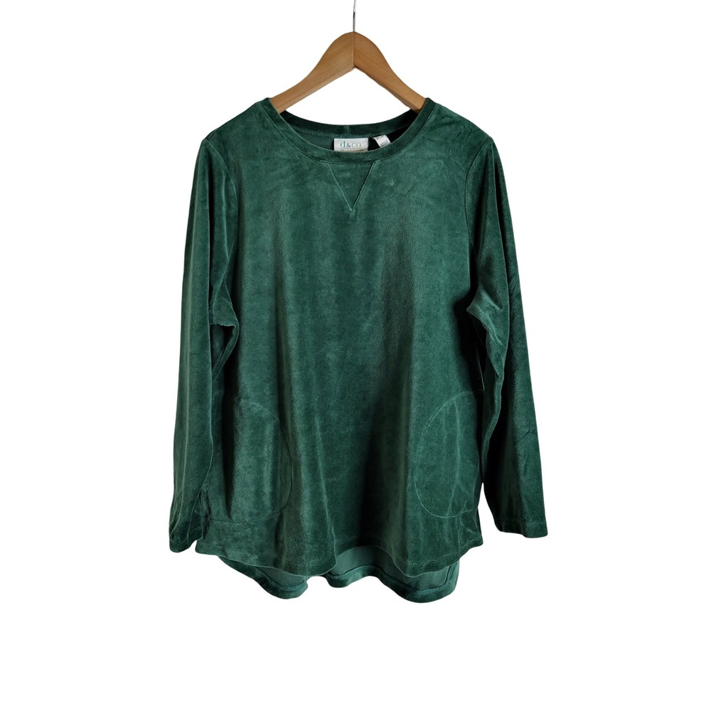 Denim & Co Active Sz L Green Velour Long Sleeve Pocket Top Sweatshirt Cabincore